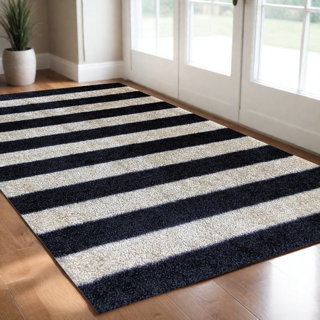 2' X 3' Black and Tan Wide Stripe Washable Floor Mat - Homeroots