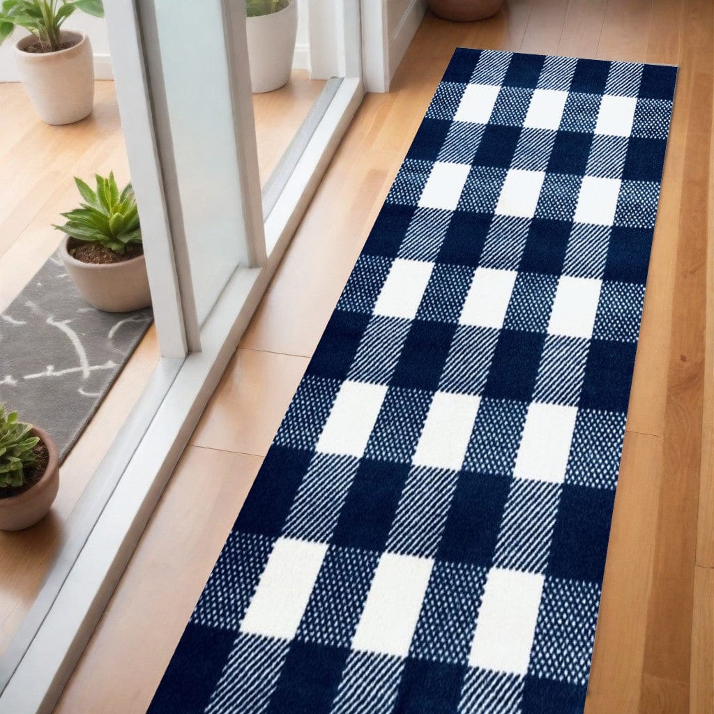 2' X 6' Navy and White Buffalo Plaid Washable Runner Rug - Homeroots