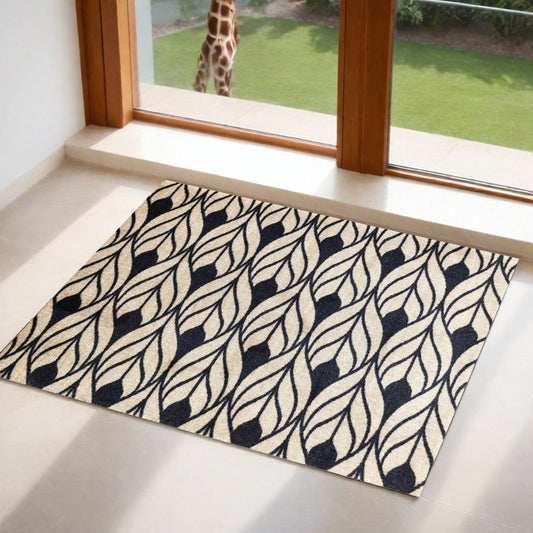 2' X 3' Graphite and Tan Abstract Leaves Washable Floor Mat - Homeroots