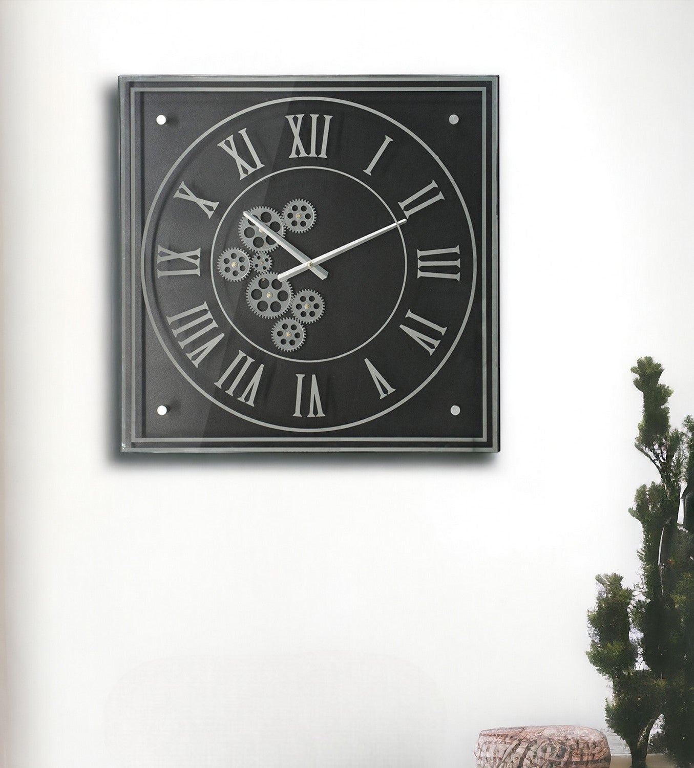 24" Black and Silver Vintage Style Gears Square Wall Clock