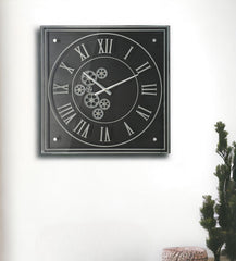 24" Black and Silver Vintage Style Gears Square Wall Clock