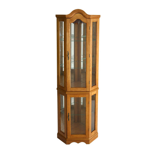 Golden Oak Scallop Top Lighted Corner Curio Cabinet - Homeroots