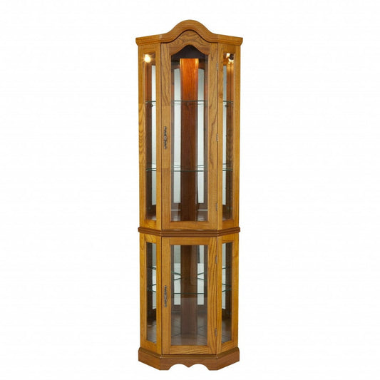 Golden Oak Scallop Top Lighted Corner Curio Cabinet - Homeroots