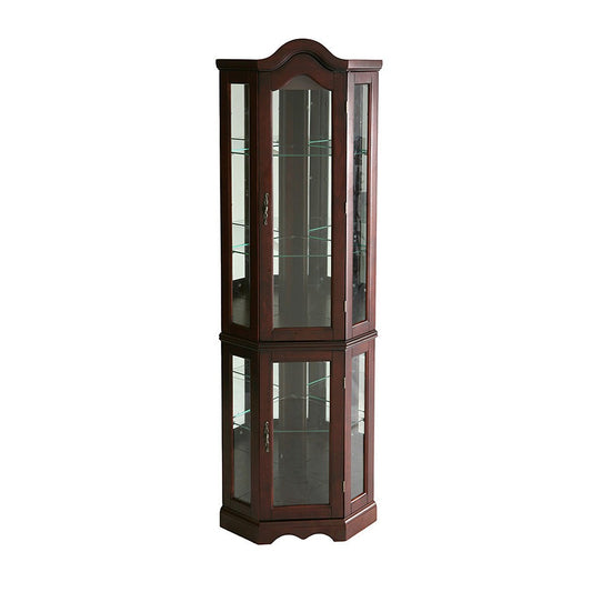 Mahogany Scallop Top Lighted Corner Curio Cabinet