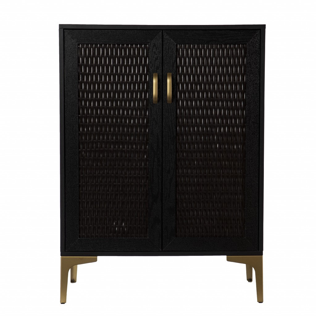 Modern Rustic Black Gold and Faux Rattan Bar Cabinet