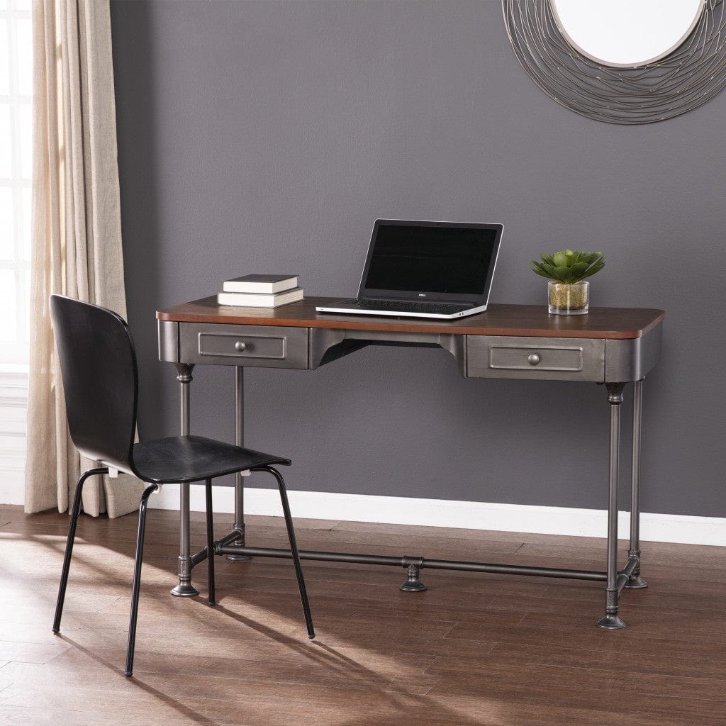 50" Brown And Silver Writing Desk With Two Drawers - Homeroots