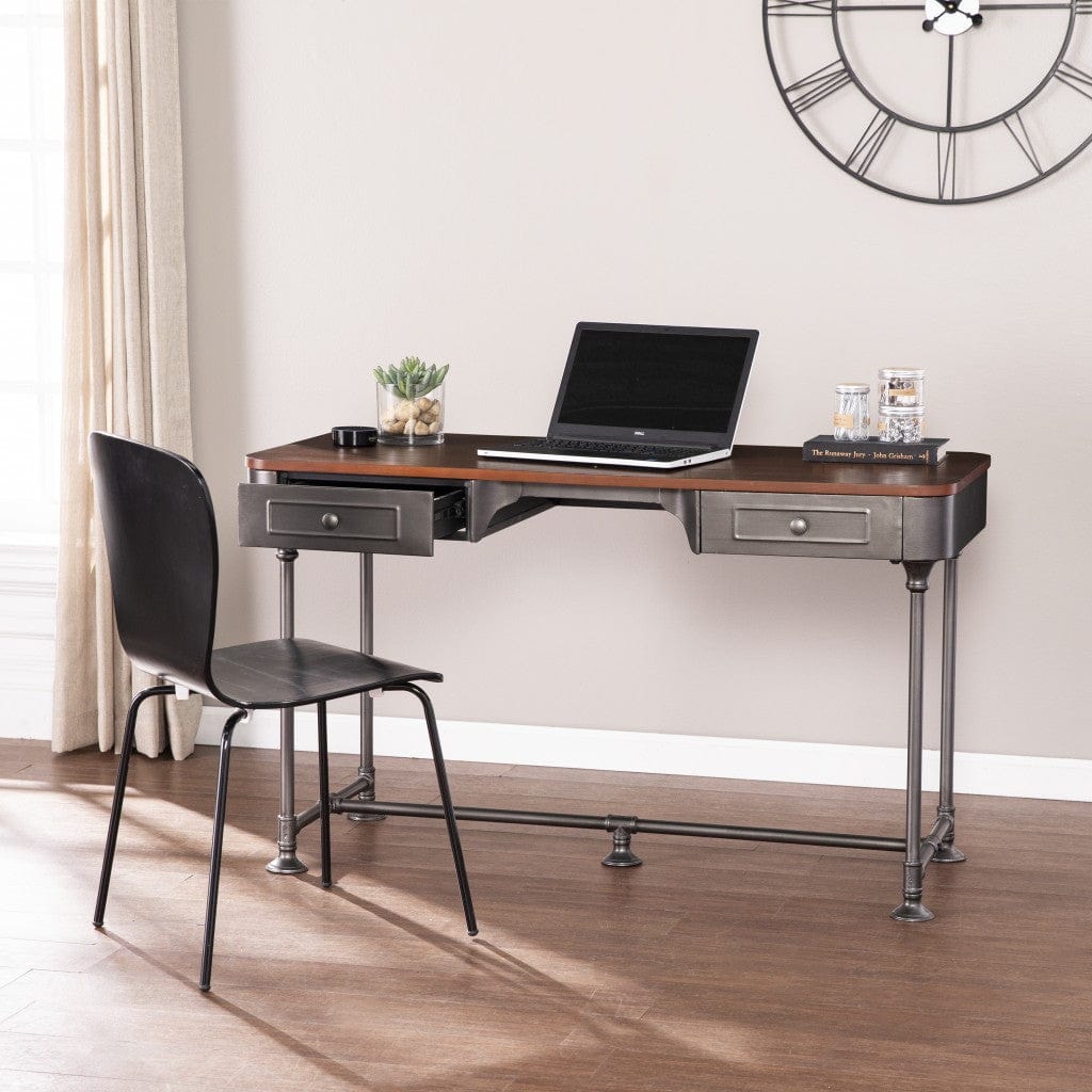 50" Brown And Silver Writing Desk With Two Drawers - Homeroots