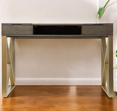 Modern Gray and Gold Writing Desk with Storage