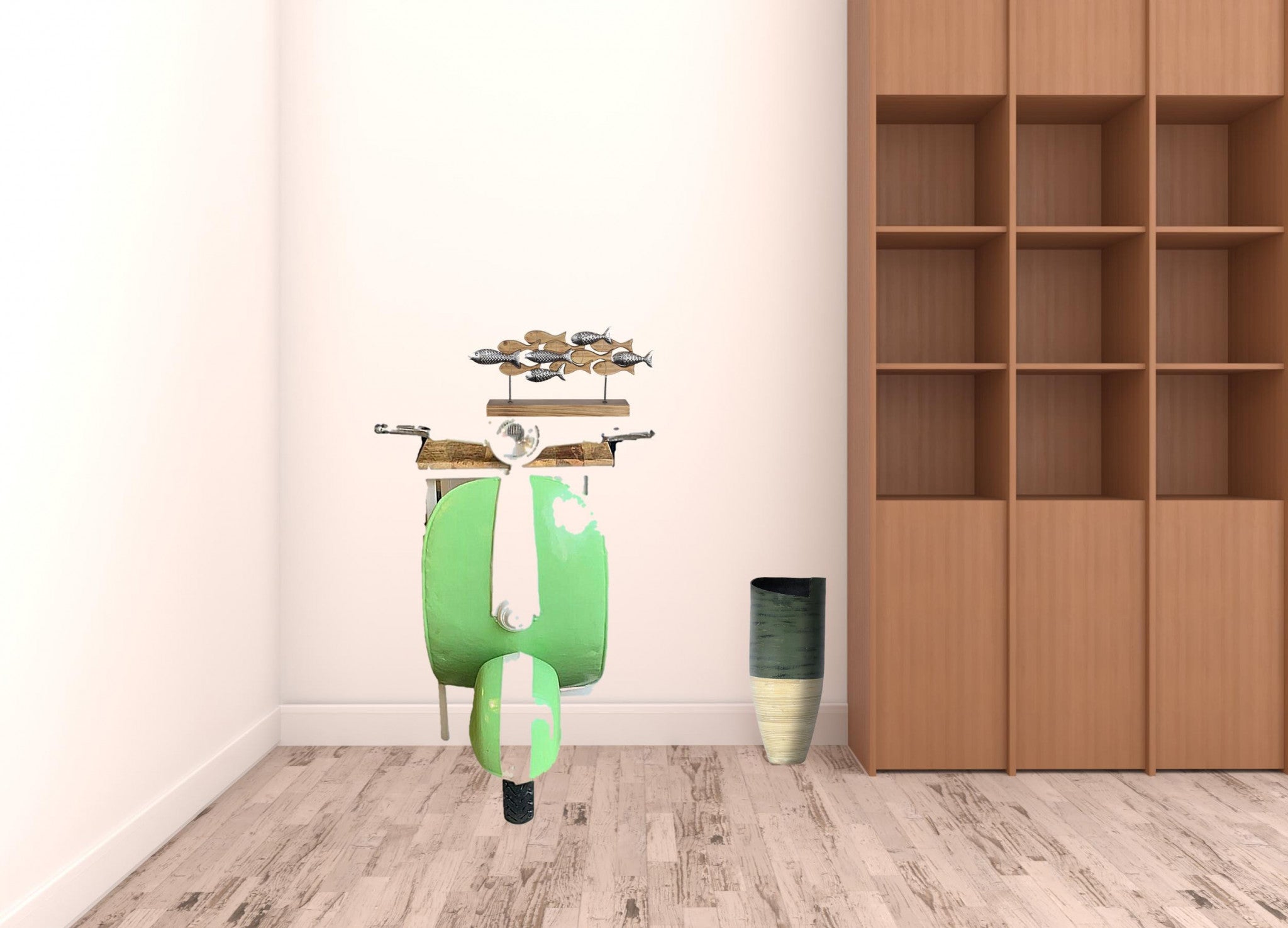 26" Green And White Novelty Scooter Open Cabinet with Two Shelves