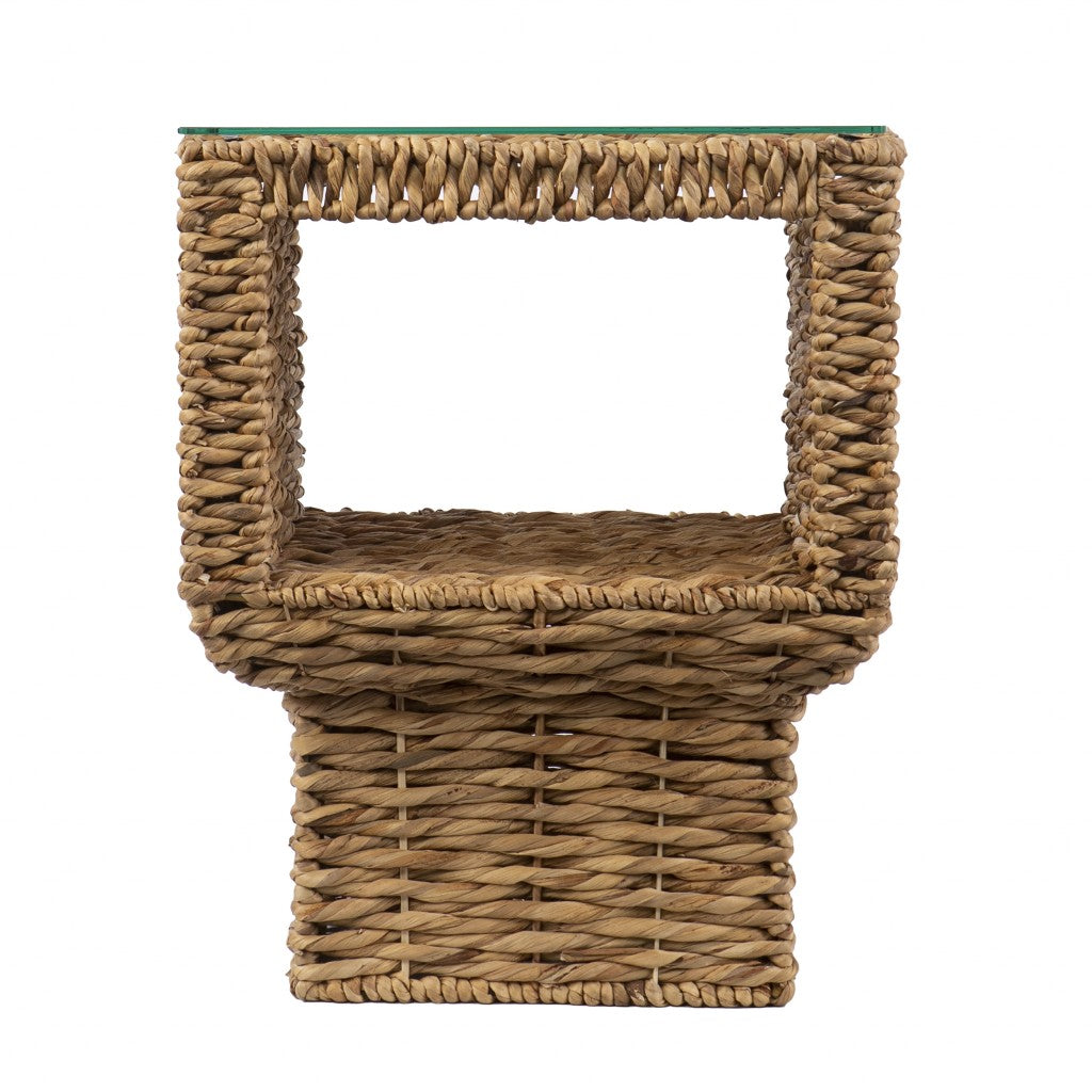 23" Brown And Clear Glass And Rattan Wicker Square End Table