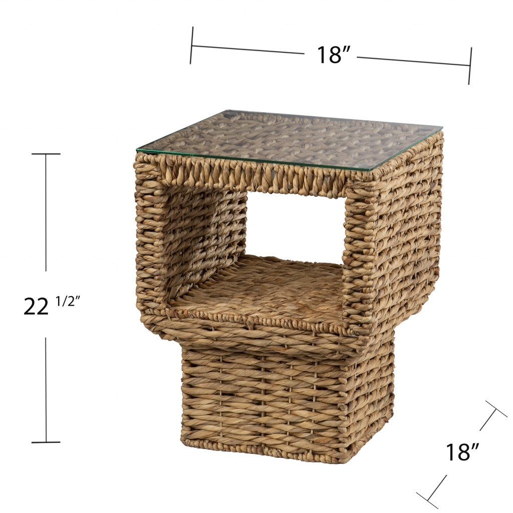 23" Brown And Clear Glass And Rattan Wicker Square End Table