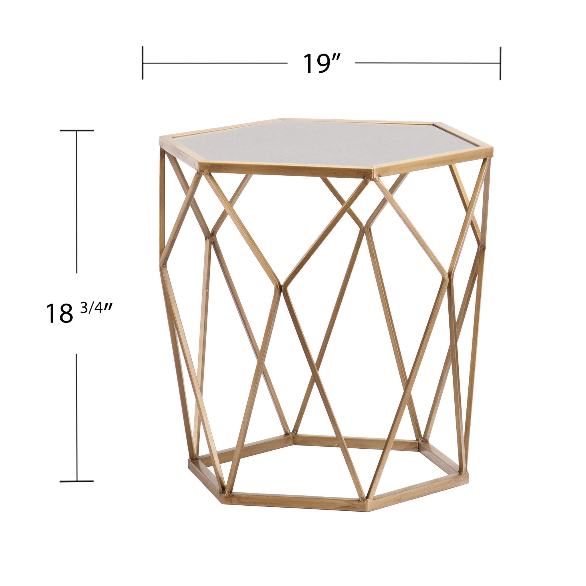 19" Gold And Reflective Glass Hexagon Mirrored End Table