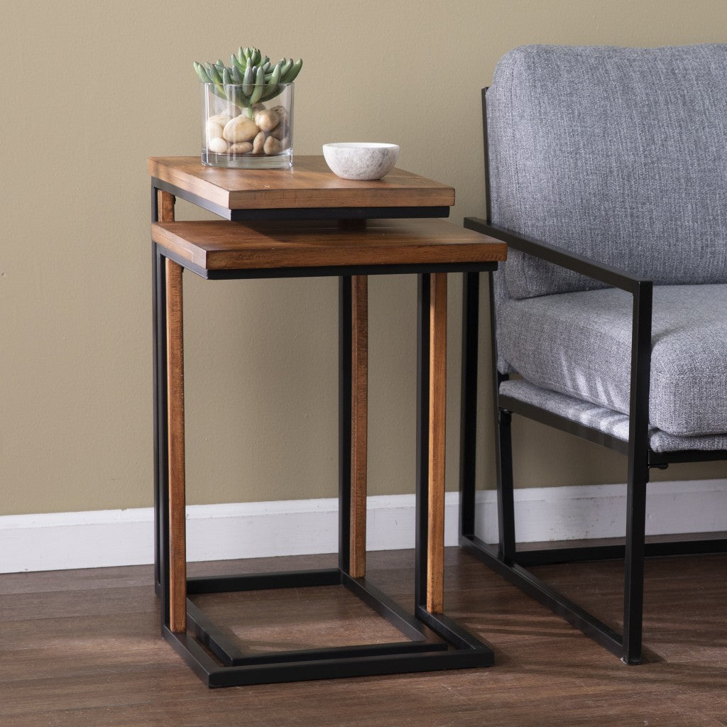 Set Of Two 25" Brown Solid Wood Rectangular Nested End Tables