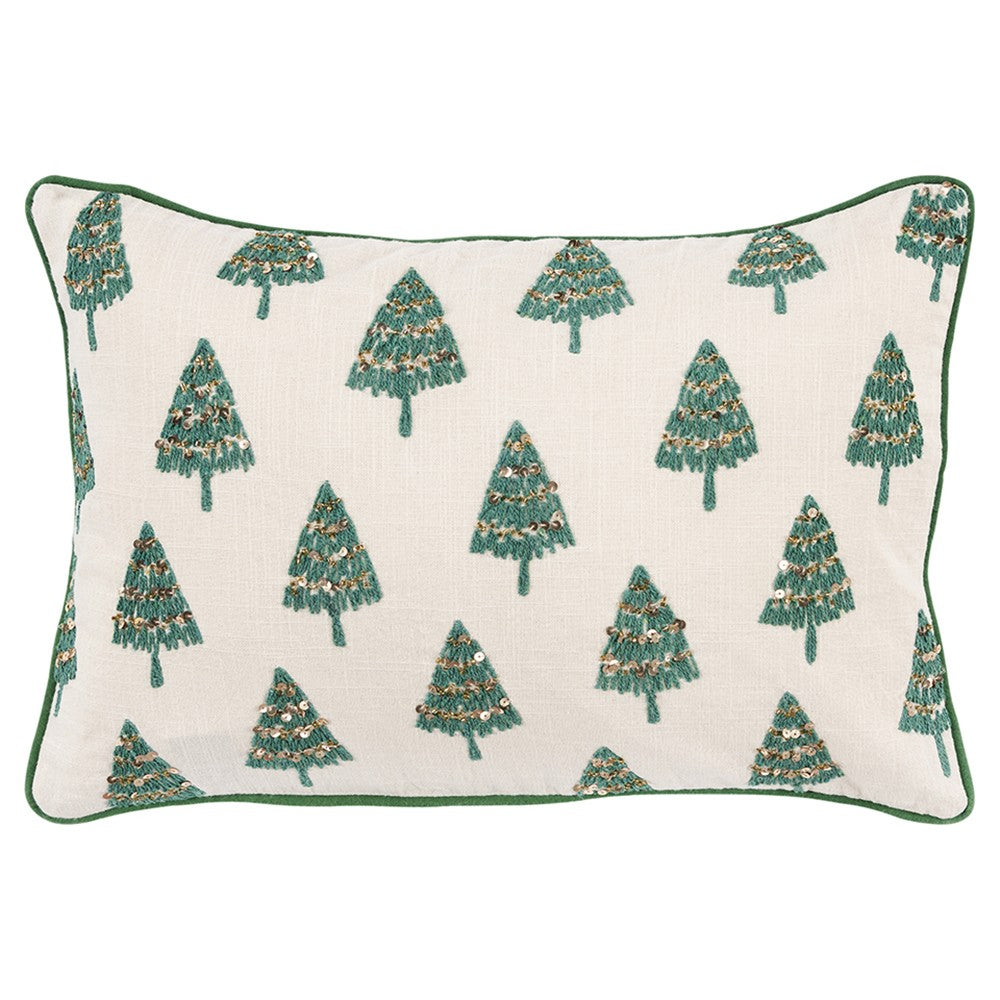 Ivory and Green Modern Christmas Tree Lumbar Throw Pillow