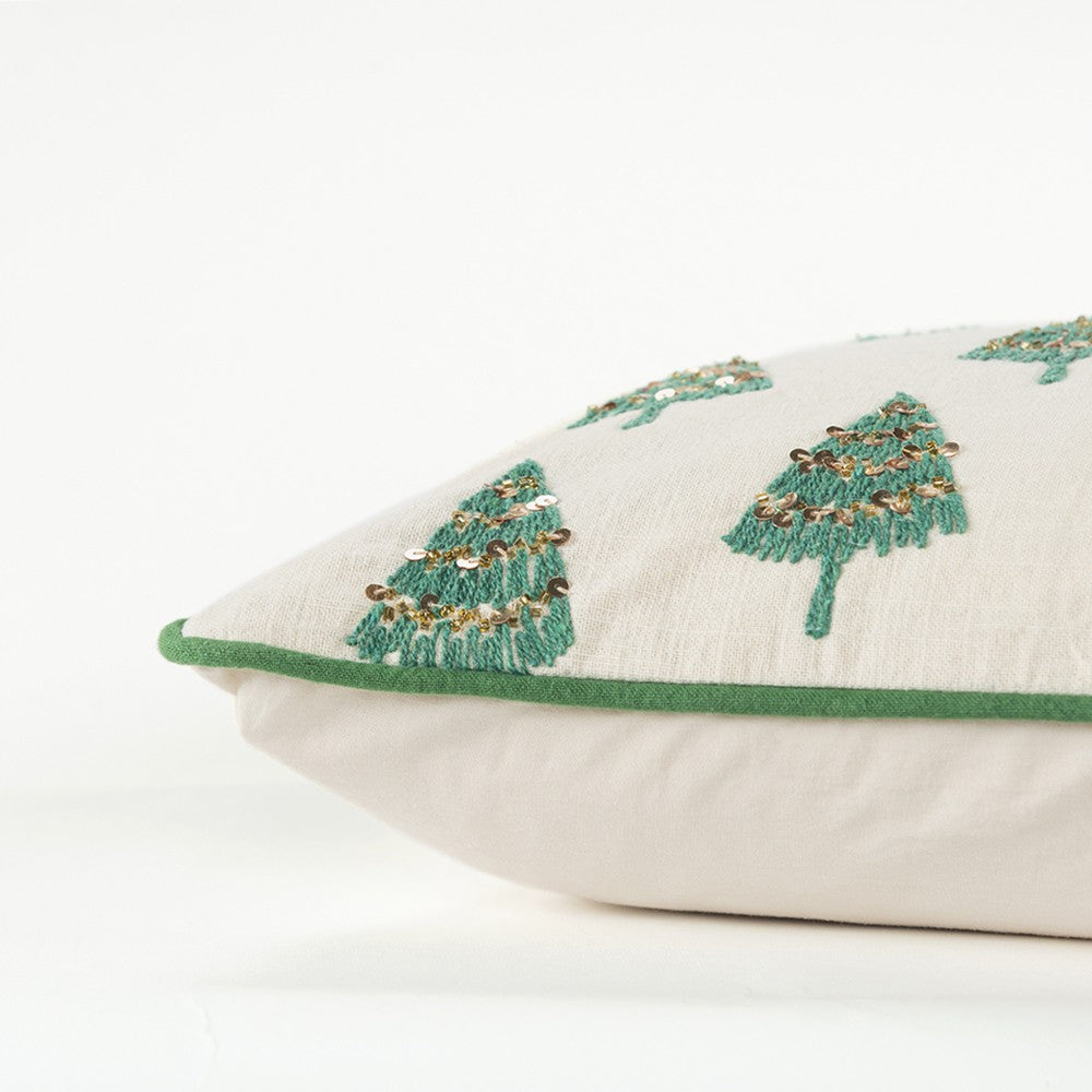 Ivory and Green Modern Christmas Tree Lumbar Throw Pillow