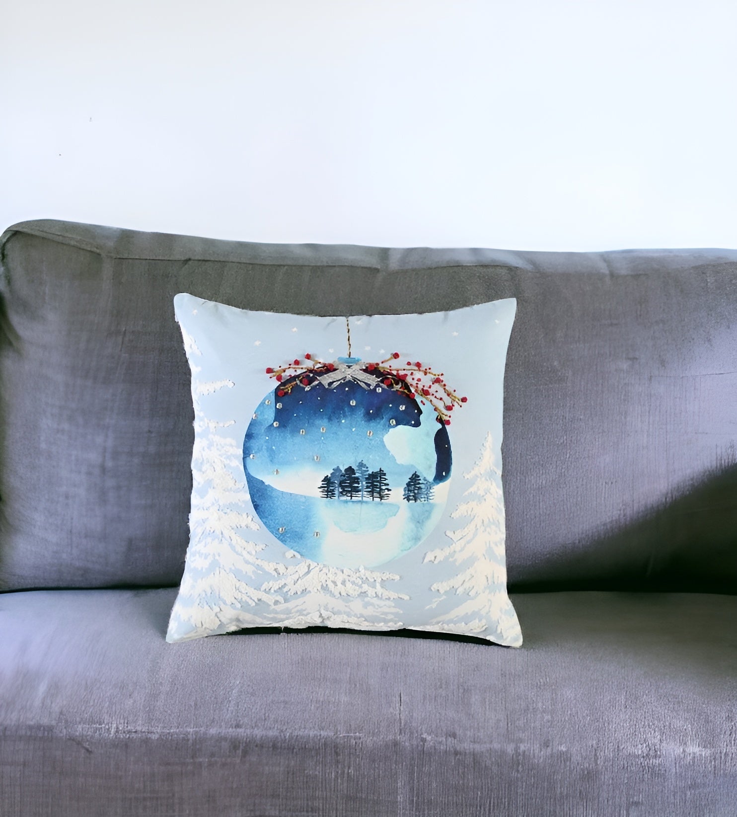 20" Blue Christmas Ornaments Cotton Throw Pillow