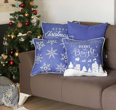 Set Of Four 18" X 18" Blue Zippered Polyester Christmas Reindeer Throw Pillow