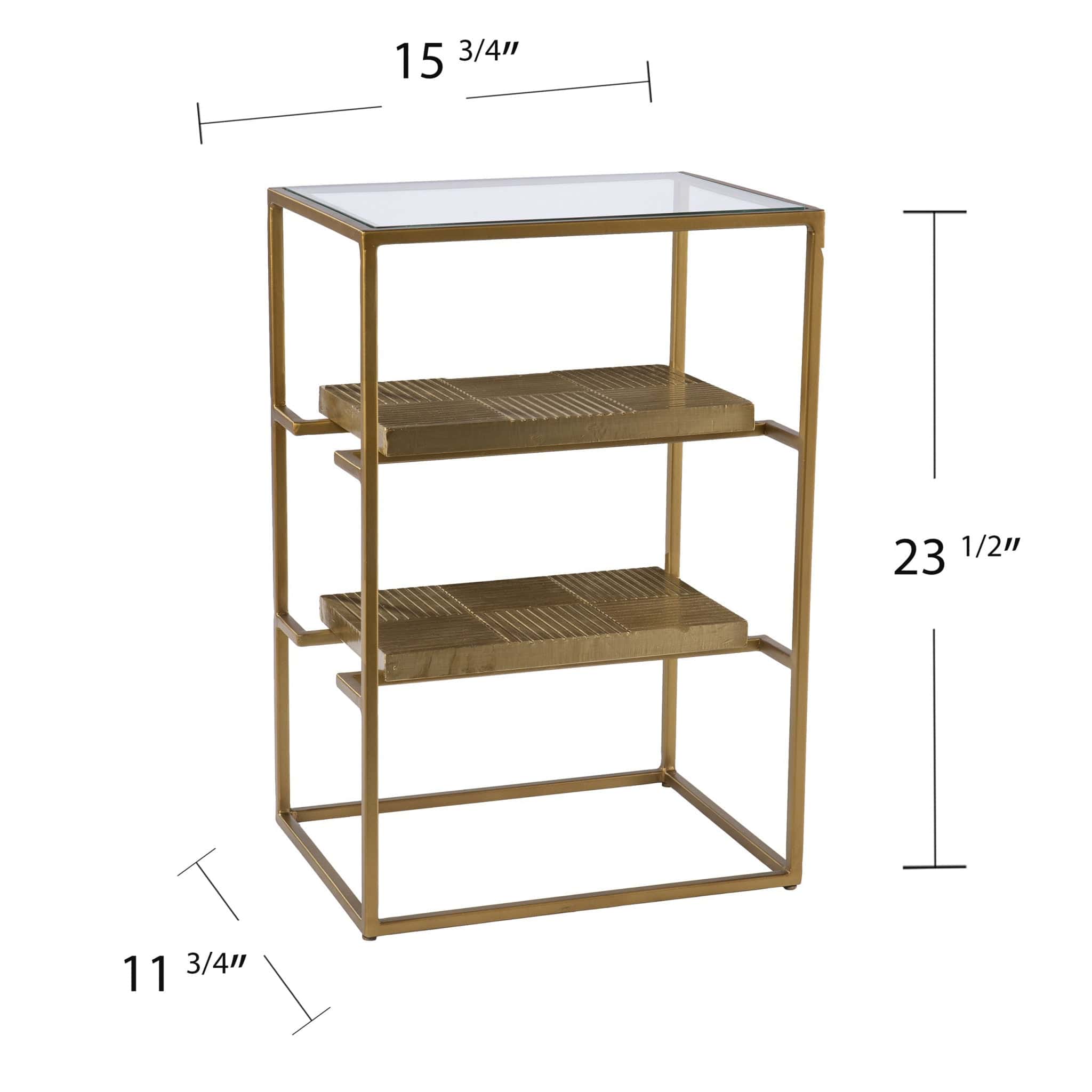 24" Brass Glass And Iron Rectangular End Table With Two Shelves - Homeroots