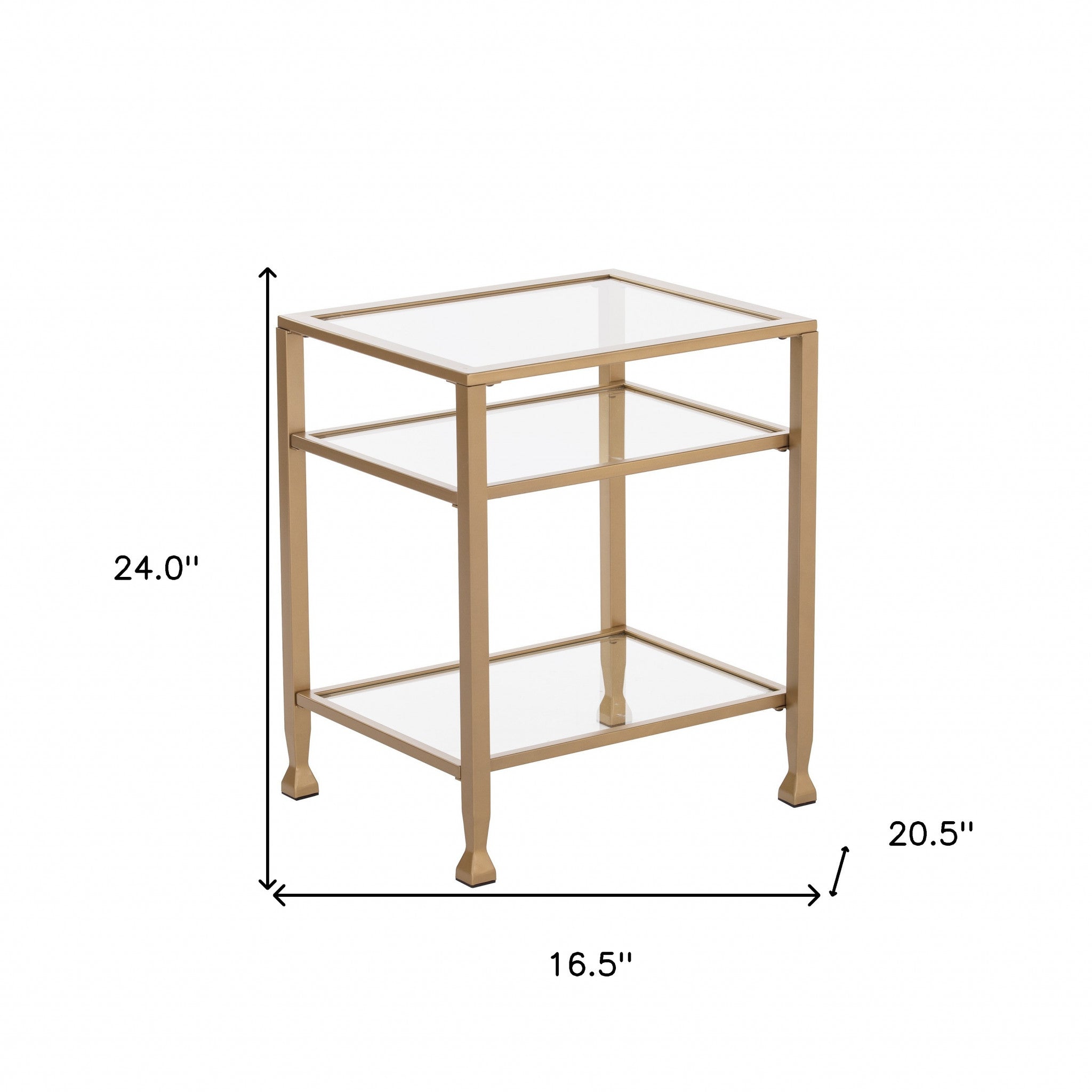 24" Gold Glass And Iron Rectangular End Table With Two Shelves