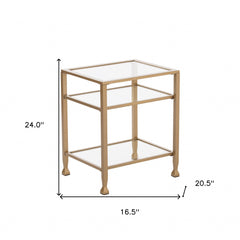 24" Gold Glass And Iron Rectangular End Table With Two Shelves