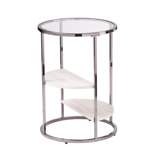 24" Black Metal Glass And Faux Marble Round End Table With Two Shelves