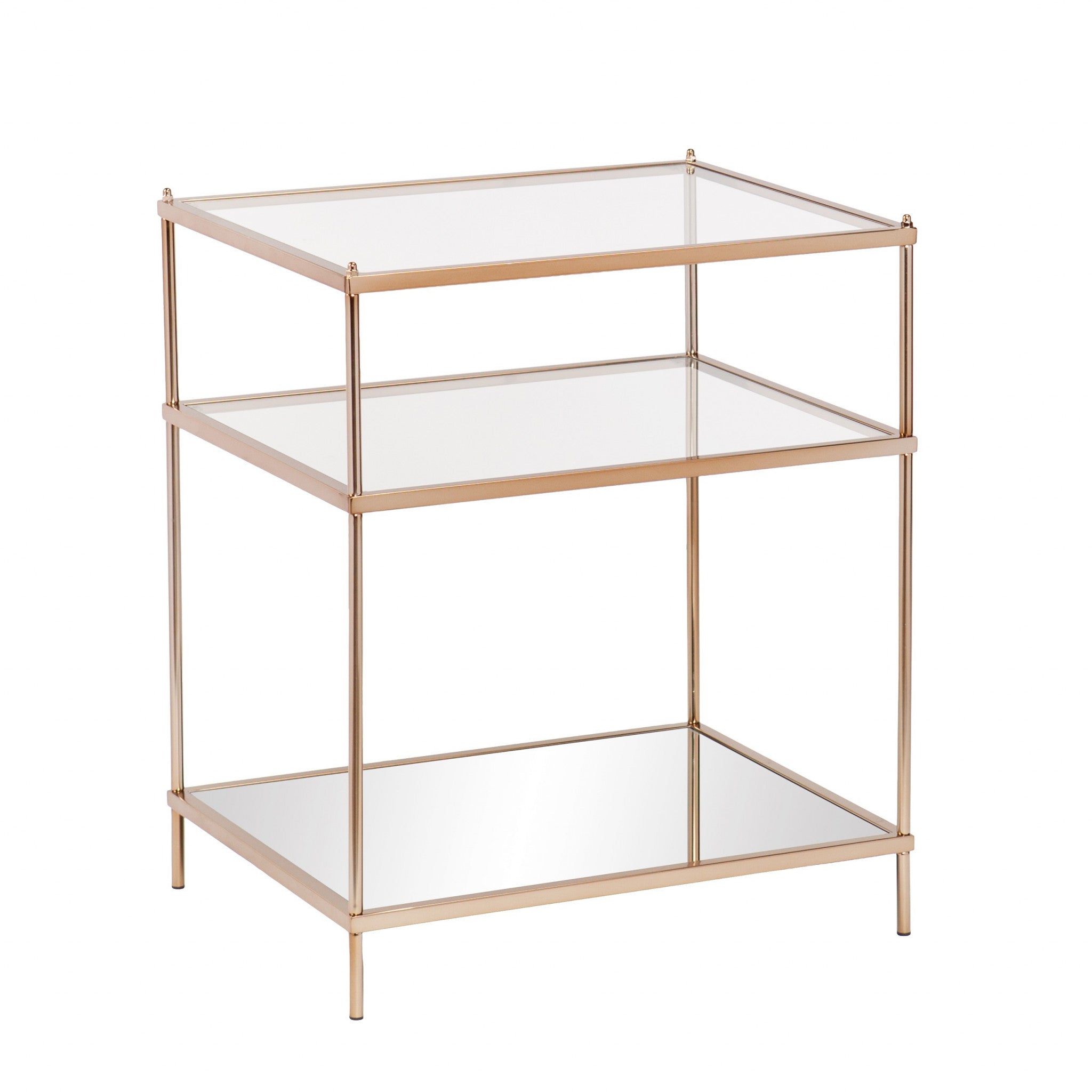 27" Gold And Clear Glass And Iron End Table With Mirrored Shelf