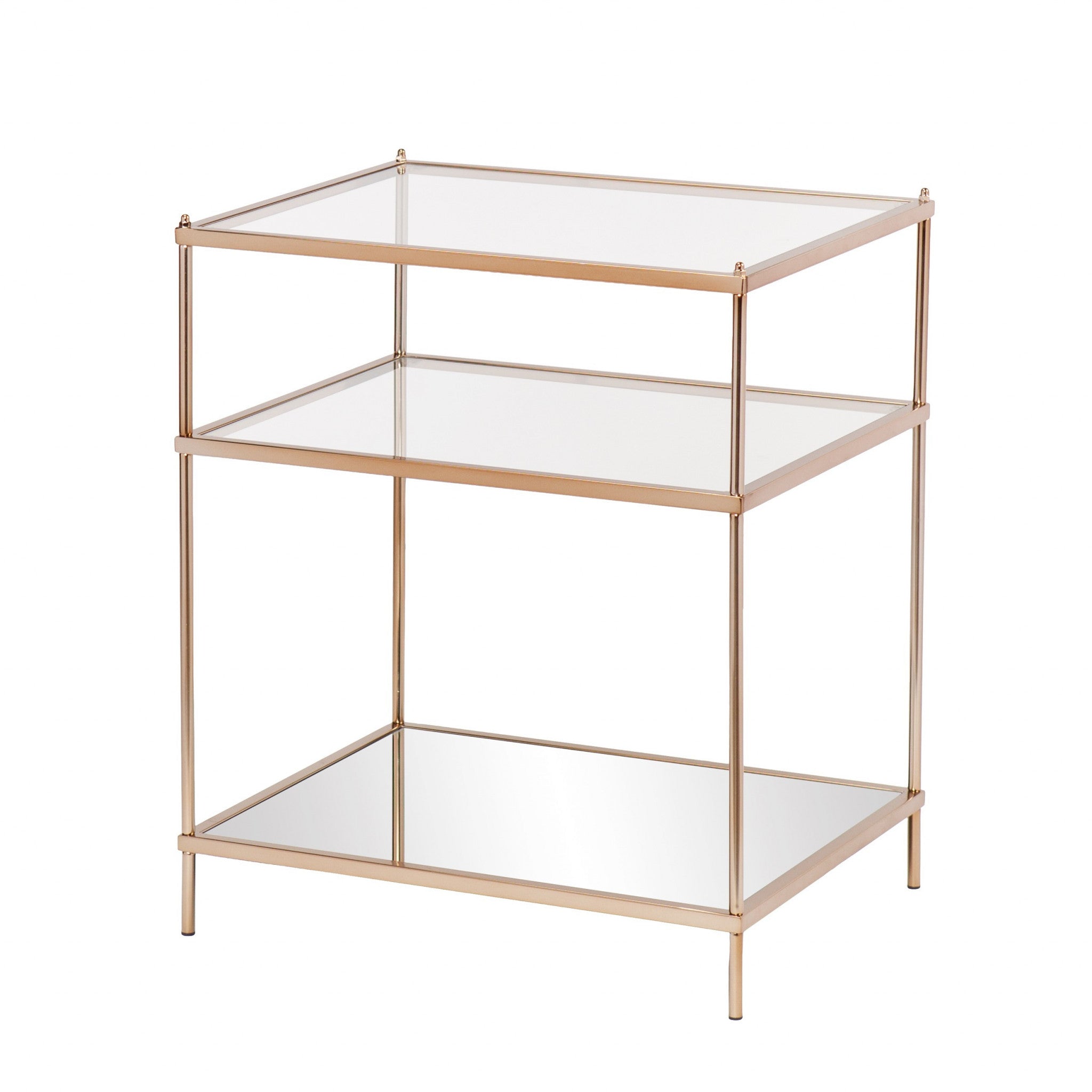 27" Gold And Clear Glass And Iron End Table With Mirrored Shelf