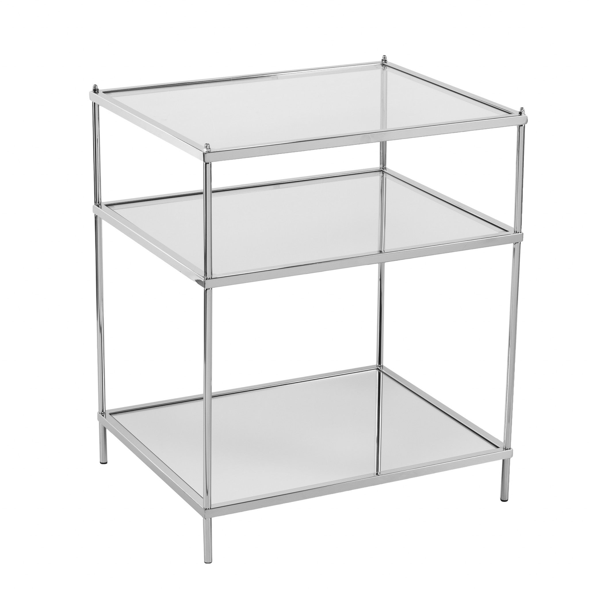 27" Chrome Glass And Iron Rectangular Mirrored End Table With Shelf