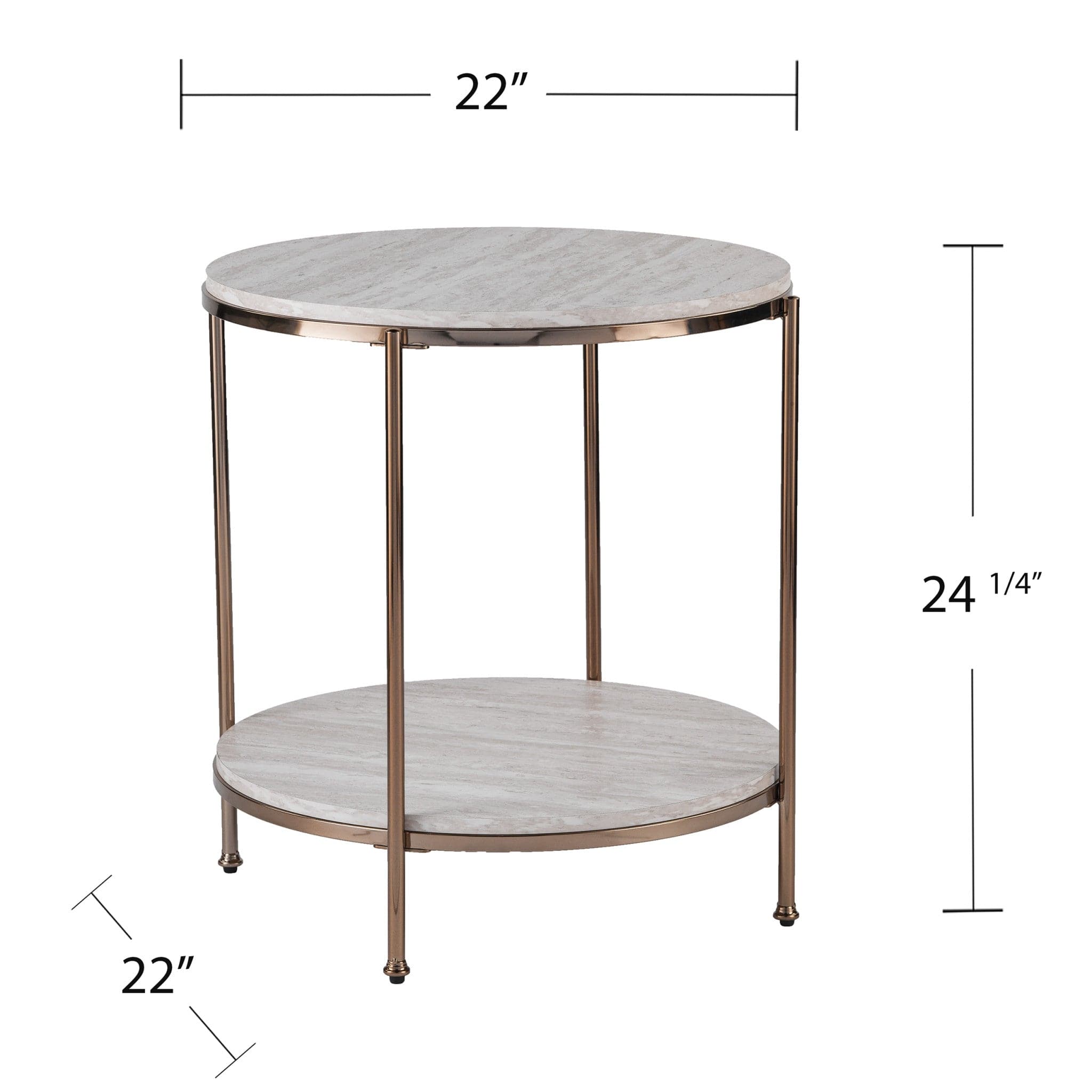 24" Champagne Faux Marble And Iron Round End Table With Shelf - Homeroots