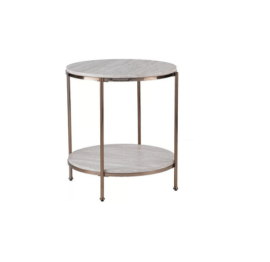 24" Champagne Faux Marble And Iron Round End Table With Shelf - Homeroots