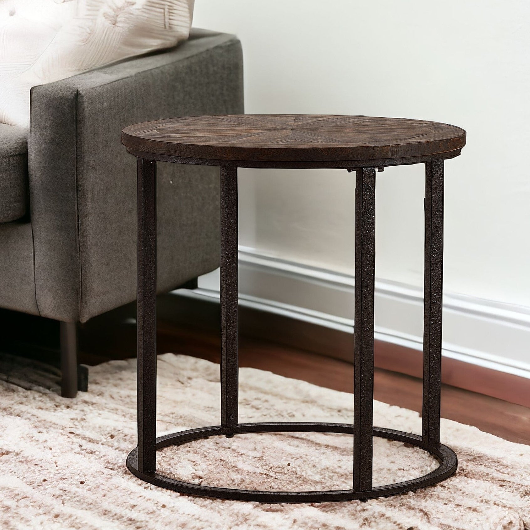 24" Natural Wood Solid Wood And Iron Round End Table