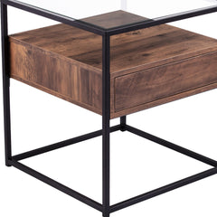 22" Black Glass And Iron Square End Table With Drawer With Shelf