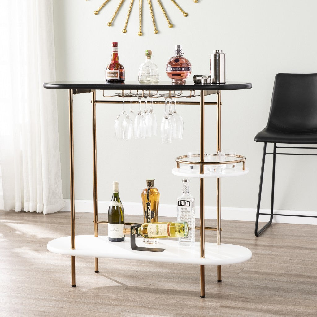 Gold Black and White Metal Oval Bar Cart With Wine Storage