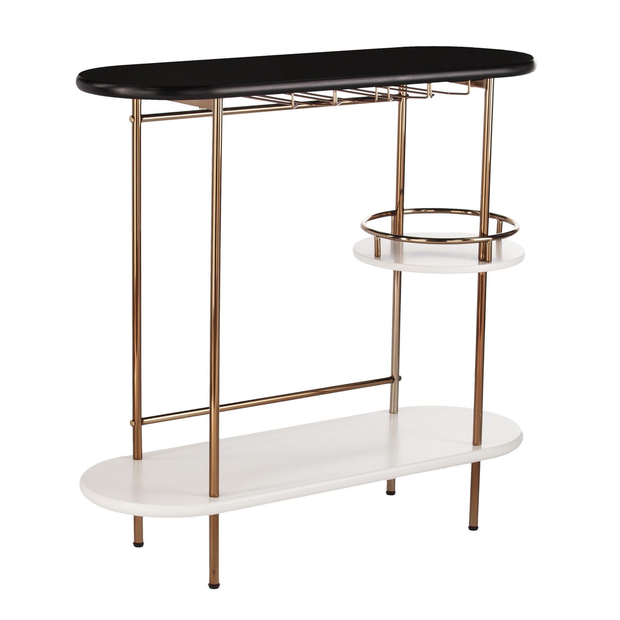 Gold Black and White Metal Oval Bar Cart With Wine Storage