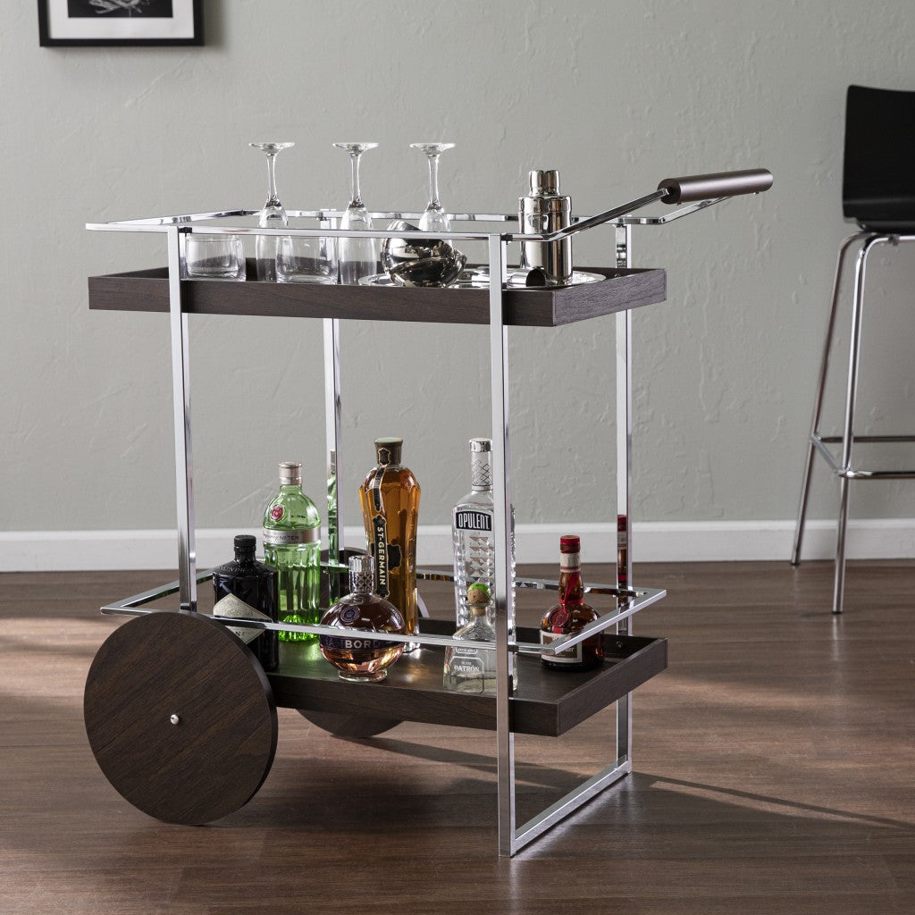 Brown and Silver Iron Rolling Bar Cart