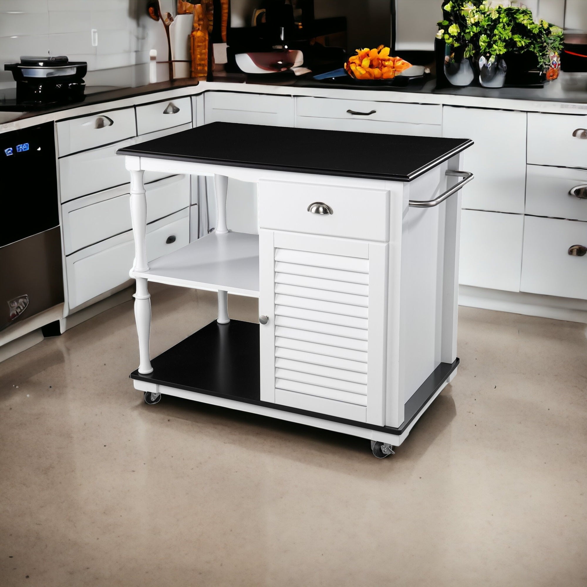 Black and White and Black 39" Rolling Kitchen Island With Storage