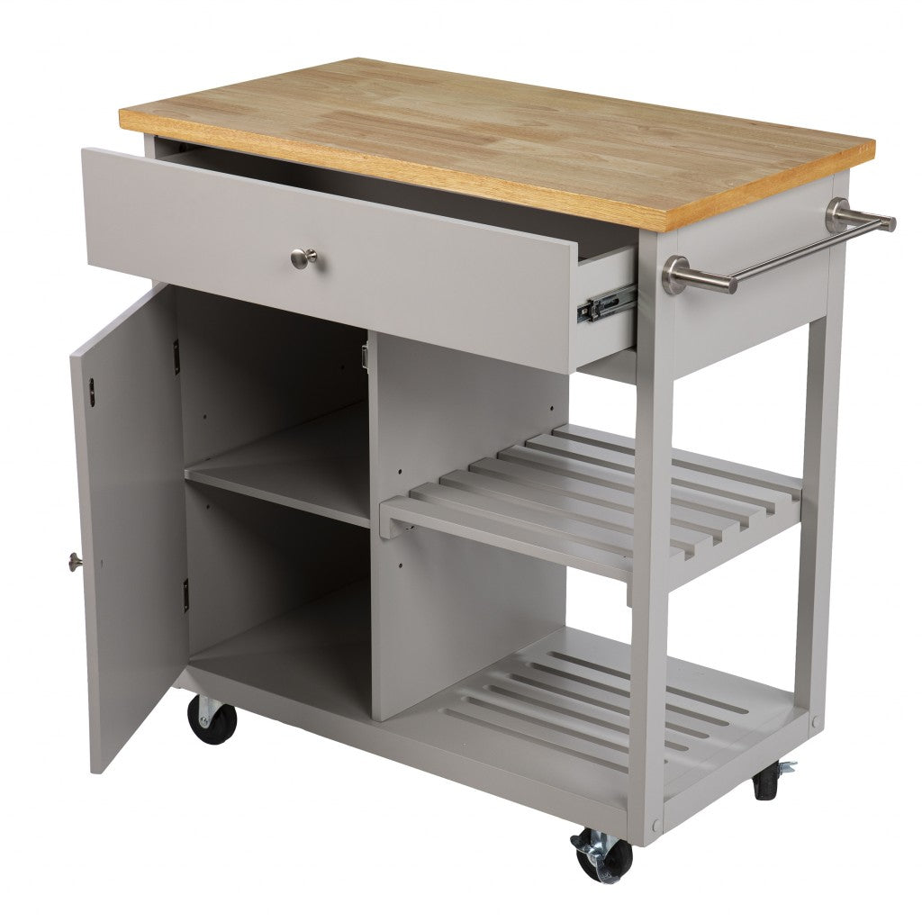 Gray and Natural 35" Rolling Kitchen Island With Storage