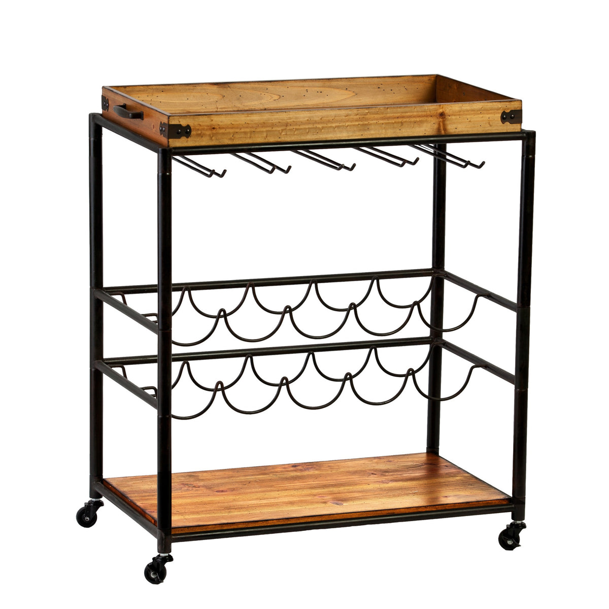 Brown and Black Metal And Solid Wood Rolling Bar Cart With Wine Storage