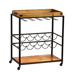 Brown and Black Metal And Solid Wood Rolling Bar Cart With Wine Storage