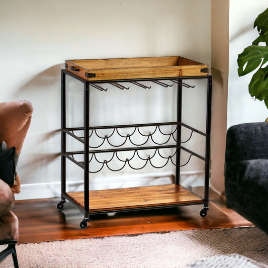 Brown and Black Metal And Solid Wood Rolling Bar Cart With Wine Storage