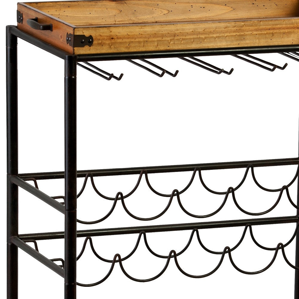 Brown and Black Metal And Solid Wood Rolling Bar Cart With Wine Storage