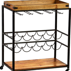 Brown and Black Metal And Solid Wood Rolling Bar Cart With Wine Storage