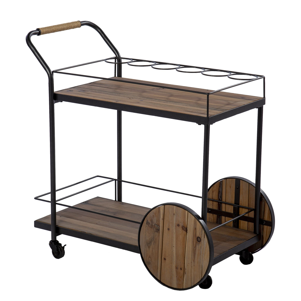 Natural and Black Iron And Reclaimed Wood Rolling Bar Cart With Wine Storage