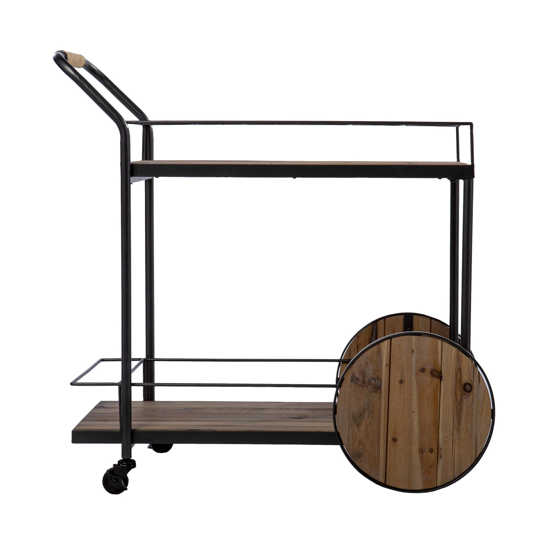 Natural and Black Iron And Reclaimed Wood Rolling Bar Cart With Wine Storage