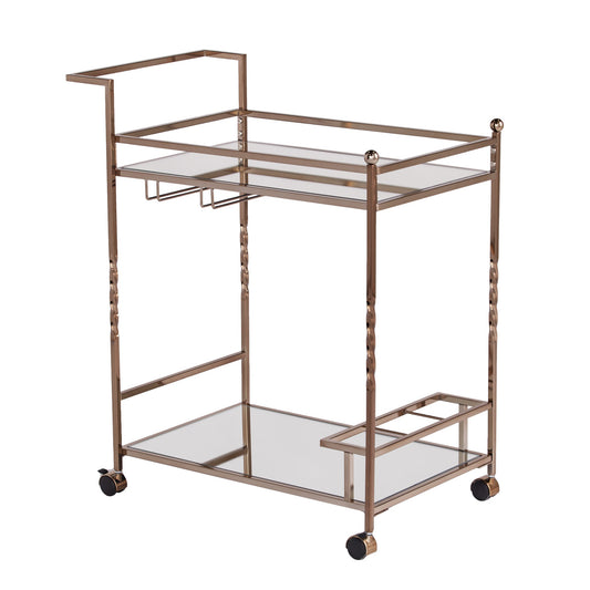 Champagne Metal And Mirrored Glass Rolling Bar Cart With Wine Storage