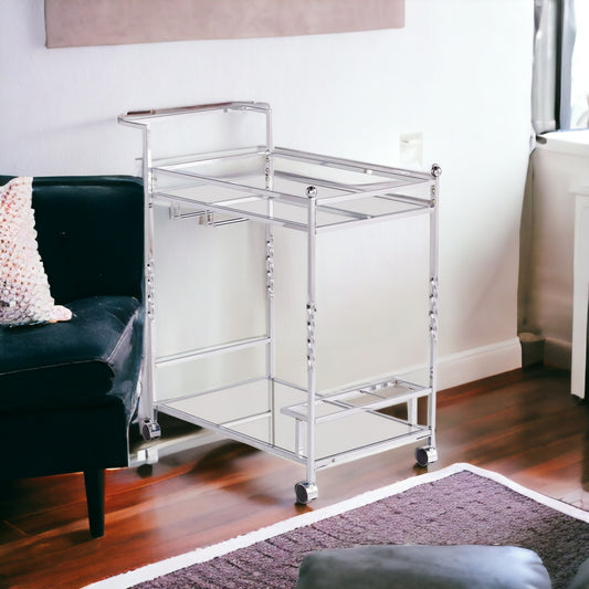 Silver Metal And Mirrored Glass Rolling Bar Cart With Wine Storage