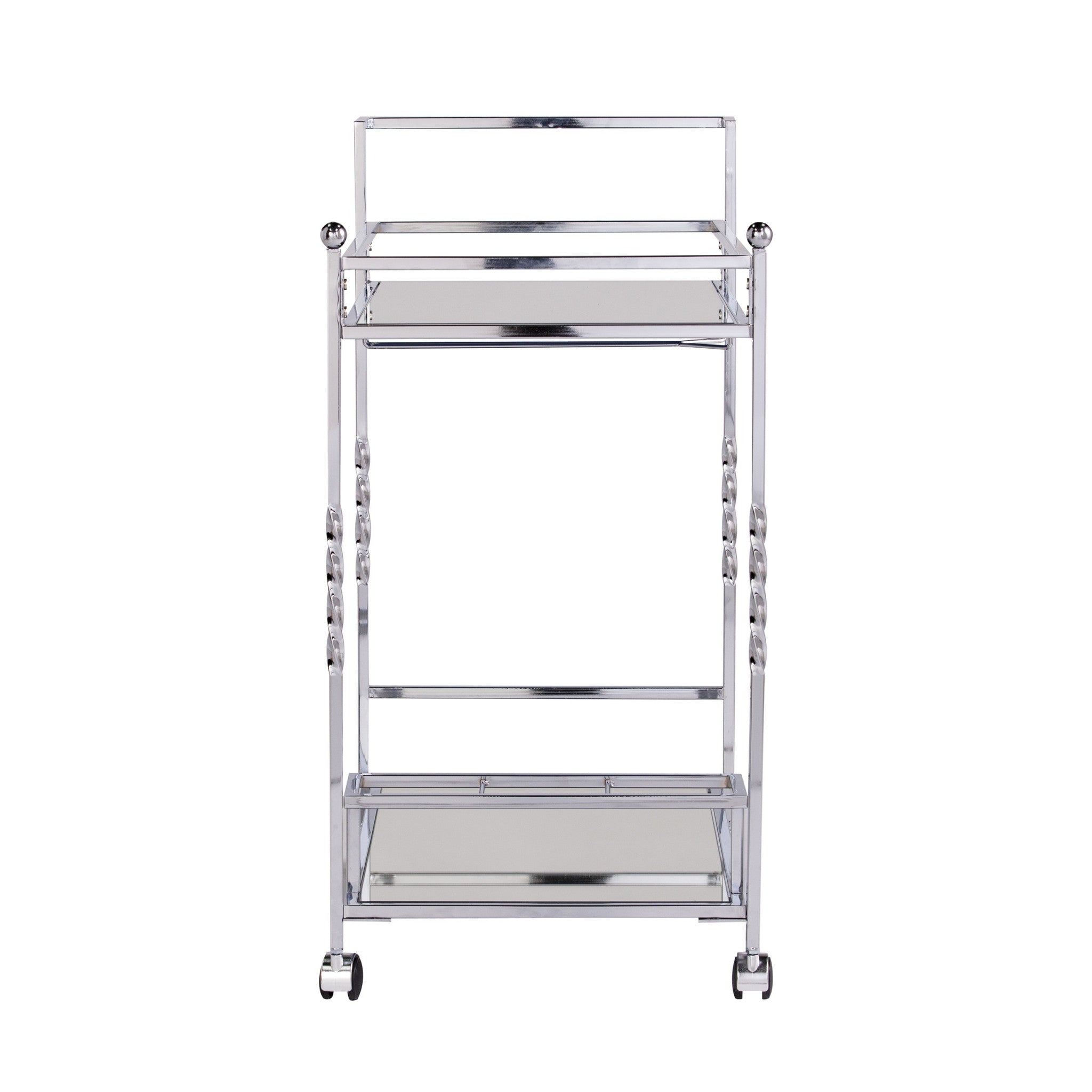 Silver Metal And Mirrored Glass Rolling Bar Cart With Wine Storage