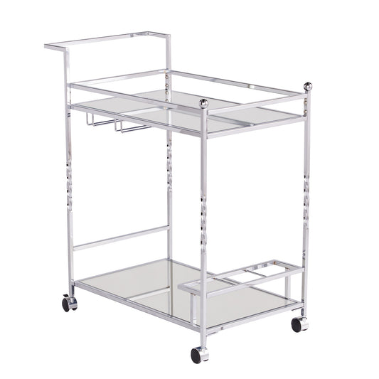 Silver Metal And Mirrored Glass Rolling Bar Cart With Wine Storage