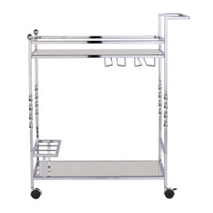 Silver Metal And Mirrored Glass Rolling Bar Cart With Wine Storage