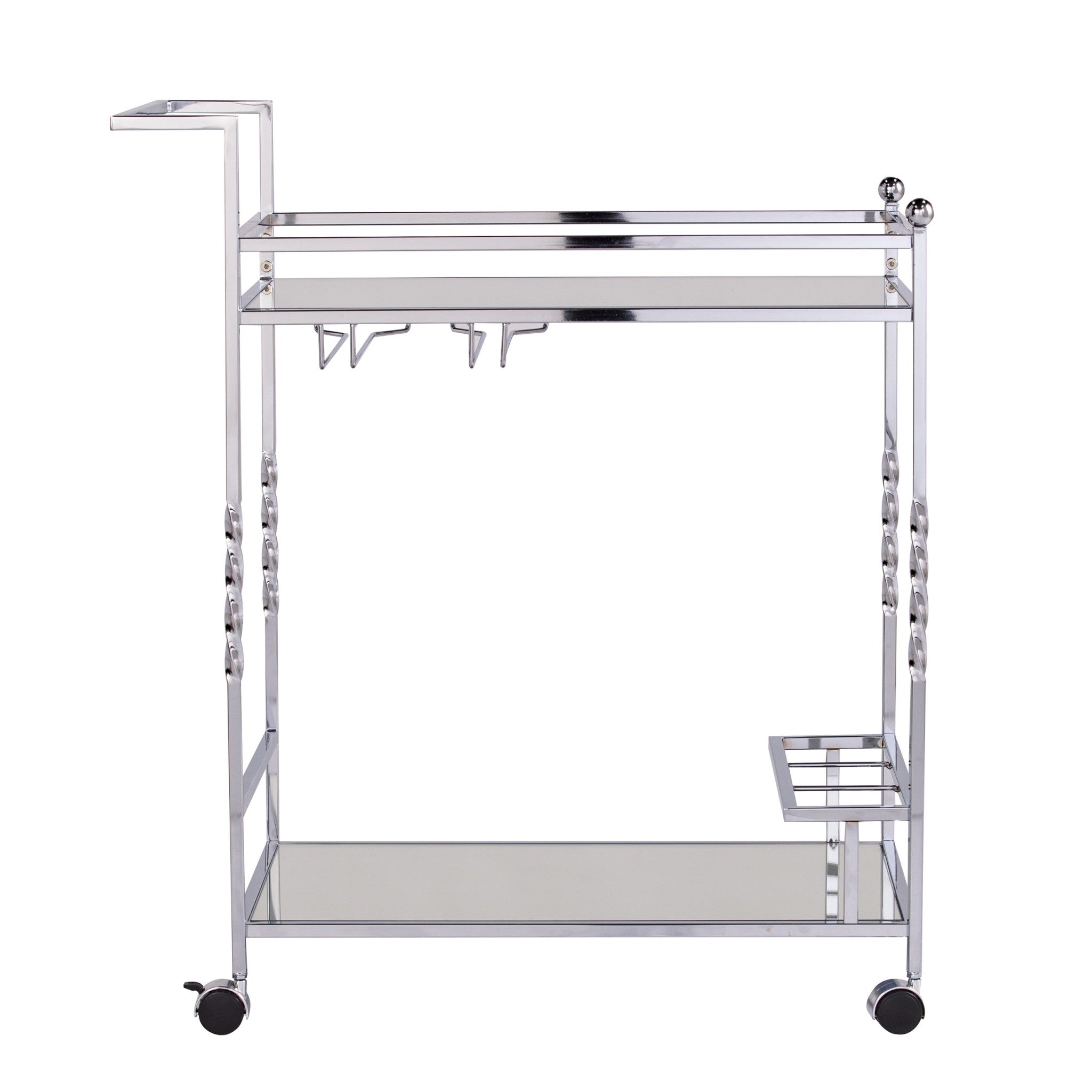 Silver Metal And Mirrored Glass Rolling Bar Cart With Wine Storage